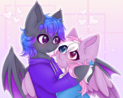 Size: 2500x2000 | Tagged: safe, artist:saltyvity, oc, bat pony, pegasus, pony, bat pony oc, bat wings, big eyes, blue eyes, blue hair, blushing, clothes, commission, cute, ear fluff, embarrassed, fluffy, heart, heart eyes, high res, hoodie, love, pink background, pink eyes, pink hair, purple eyes, romance, romantic, simple background, sparkles, wingding eyes, wings