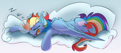 Size: 2500x1100 | Tagged: safe, artist:starcasteclipse, rainbow dash, pegasus, pony, g4, backwards cutie mark, cloud, drool, ear fluff, eyes closed, female, mare, on a cloud, onomatopoeia, open mouth, sleeping, sleepydash, snoring, solo, sound effects, wing fluff, wings, zzz