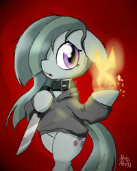 Size: 640x800 | Tagged: safe, artist:a.s.e, marble pie, earth pony, pony, semi-anthro, g4, arm hooves, clothes, female, fire, hair over one eye, hoof hold, knife, mare, solo