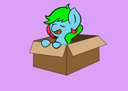 Size: 842x595 | Tagged: safe, anonymous artist, oc, oc only, oc:precised note, pegasus, pony, box, eyelashes, eyes closed, female, filly, foal, open mouth, pony in a box, purple background, simple background, smol, solo, two toned mane
