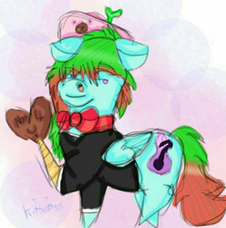 Size: 792x799 | Tagged: safe, artist:kittenhugs, oc, oc:precised note, pegasus, pony, alternate cutie mark, bowtie, chocolate, clothes, female, food, hat, heart, mare, simple background, smiling, tuxedo, two toned mane, watermark