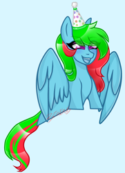 Size: 1696x2349 | Tagged: safe, artist:nekomellow, oc, oc:precised note, pegasus, pony, female, half body, hat, mare, open mouth, partially open wings, party hat, smiling, tail, two toned mane, two toned tail, watermark, wings