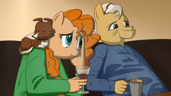 Size: 1280x720 | Tagged: safe, artist:parronist, grand pear, pear butter, winona, earth pony, anthro, g4, alcohol, father and child, father and daughter, female, male