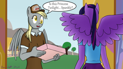 Size: 1280x720 | Tagged: safe, artist:parronist, derpy hooves, twilight sparkle, alicorn, pegasus, anthro, g4, clothes, equestria girls outfit, mailmare, package, twilight sparkle (alicorn), uniform