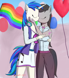 Size: 853x960 | Tagged: safe, artist:parronist, dj pon-3, octavia melody, vinyl scratch, earth pony, unicorn, anthro, g4, balloon, duo, eyes closed, female, heart, kiss on the lips, kissing, lesbian, mare, pride flag, ship:scratchtavia, shipping