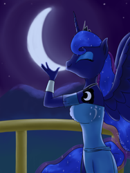 Size: 720x960 | Tagged: safe, artist:parronist, princess luna, alicorn, anthro, g4, eyes closed, female, forced perspective, moon, solo