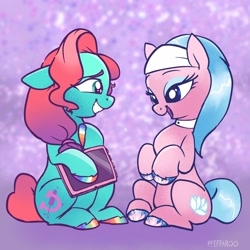 Size: 2048x2048 | Tagged: safe, artist:pfeffaroo, aloe, jazz hooves, earth pony, pony, g4, g5, aloebetes, cute, duo, female, floppy ears, high res, hoof polish, jazzibetes, looking at each other, looking at someone, mare, open mouth, open smile, smiling, smiling at each other