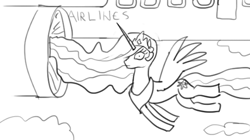 Size: 540x303 | Tagged: safe, artist:bigrigs, princess celestia, alicorn, pony, g4, airline, female, flying, imminent death, mare, monochrome, plane, scared, solo, wide eyes