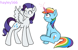 Size: 2448x1576 | Tagged: safe, artist:hayley566, rainbow dash, rarity, pegasus, pony, unicorn, g4, duo, female, glowing, glowing horn, horn, pegasus rarity, race swap, role reversal, simple background, transparent background, unicorn rainbow dash