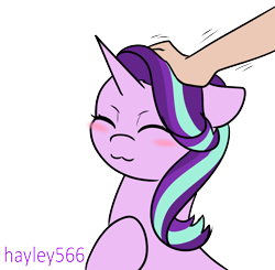 Size: 1624x1589 | Tagged: safe, artist:hayley566, starlight glimmer, human, pony, unicorn, g4, :3, blushing, cute, eyes closed, female, glimmerbetes, hand, human on pony petting, petting, simple background, solo, transparent background, wholesome