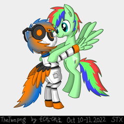 Size: 1800x1800 | Tagged: safe, artist:polyethylene, oc, oc:nordi, oc:polyethylene, pegasus, pony, robot, robot pony, duo, hug