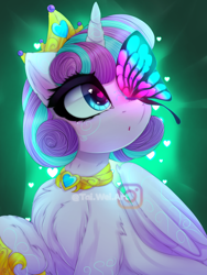 Size: 1500x2000 | Tagged: safe, artist:taiweiart, princess flurry heart, alicorn, butterfly, insect, pony, butterfly on nose, chest fluff, crown, cute, female, filly, flurrybetes, foal, heart, heart eyes, insect on nose, jewelry, older, older flurry heart, regalia, solo, watermark, wingding eyes