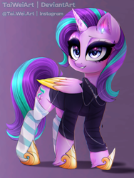 Size: 1500x2000 | Tagged: safe, artist:taiweiart, starlight glimmer, alicorn, pony, alicornified, clothes, colored wings, colored wingtips, female, gradient background, race swap, socks, solo, starlicorn, striped socks, wings