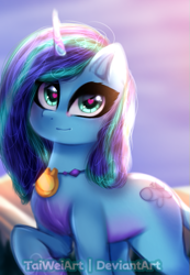 Size: 377x545 | Tagged: safe, artist:taiweiart, misty brightdawn, pony, unicorn, g5, female, heart, heart eyes, jewelry, looking at you, mare, medallion, necklace, smiling, solo, wingding eyes