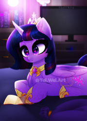 Size: 1429x2000 | Tagged: safe, artist:taiweiart, twilight sparkle, alicorn, pony, g4, book, crown, female, jewelry, regalia, solo, television, twilight sparkle (alicorn)