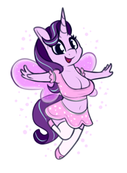 Size: 604x819 | Tagged: safe, artist:andelai, starlight glimmer, fairy, unicorn, anthro, unguligrade anthro, g4, breasts, busty starlight glimmer, chubby, cleavage, clothes, cute, fairy wings, female, mare, midriff, simple background, skirt, solo, white background, wings