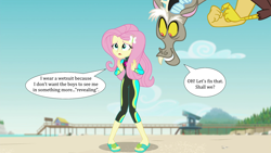 Size: 1920x1080 | Tagged: safe, artist:hendro107, edit, edited screencap, screencap, vector edit, discord, fluttershy, draconequus, human, dungeons and discords, equestria girls, equestria girls specials, g4, my little pony equestria girls: better together, my little pony equestria girls: forgotten friendship, .psd available, beach, clothes, duo, duo male and female, female, fluttershy's wetsuit, male, pier, pigeon toed, swimsuit, vector, wetsuit