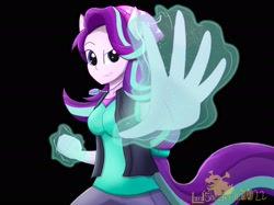 Size: 2732x2048 | Tagged: safe, artist:lordshrekzilla20, starlight glimmer, human, equestria girls, g4, black background, clothes, female, glowing hands, high res, magic, magical geodes, ponied up, simple background, solo