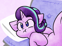 Size: 745x558 | Tagged: safe, artist:zutcha, starlight glimmer, pony, unicorn, g4, angry, cute, female, glimmerbetes, grumpy, lying down, madorable, on back, pillow, pouting, solo