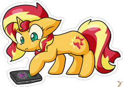Size: 1011x720 | Tagged: safe, artist:zutcha, sunset shimmer, pony, unicorn, g4, cellphone, female, implied sci-twi, phone, ponies with technology, simple background, transparent background