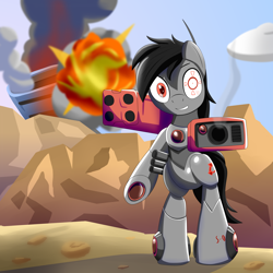 Size: 2500x2500 | Tagged: safe, artist:trackheadtherobopony, oc, oc:sentry pony, pony, robot, robot pony, bipedal, carrier, crosshair, destruction, explosion, fire, gun, high res, pointing at you, rocket launcher, sentry gun, solo, team fortress 2, weapon