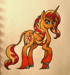 Size: 1920x2063 | Tagged: safe, artist:mesuyoru, sunset shimmer, pony, unicorn, g4, female, leonine tail, solo, tail, traditional art, unshorn fetlocks