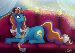 Size: 2480x1754 | Tagged: safe, artist:mesuyoru, oc, oc only, oc:estela astral comet, earth pony, pony, couch, crown, earth pony oc, jewelry, regalia, unshorn fetlocks