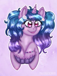 Size: 621x828 | Tagged: safe, artist:lumiaart11, izzy moonbow, pony, unicorn, g5, cloven hooves, cute, female, flower, flower in hair, solo