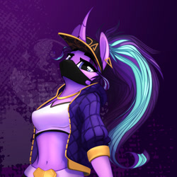 Size: 1280x1280 | Tagged: safe, artist:alrumoon_art, starlight glimmer, unicorn, anthro, collaboration:choose your starlight, g4, belly button, breasts, clothes, collaboration, curved horn, female, hat, horn, mask, midriff, reasonably sized breasts, solo, sports bra