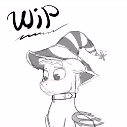 Size: 4096x4096 | Tagged: safe, artist:tetsergs, derpibooru exclusive, hitch trailblazer, earth pony, pony, mlp fim's twelfth anniversary, g5, blushing, choker, clothes, costume, embarrassed, fake wings, halloween, hat, holiday, looking away, male, monochrome, nightmare night, shy, sketch, solo, wip, witch hat