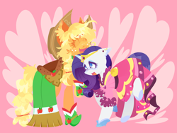 Size: 2360x1772 | Tagged: safe, artist:anubiscatto, applejack, rarity, earth pony, pony, unicorn, g4, clothes, cowboy hat, dress, duo, eyes closed, female, freckles, gala dress, hat, heart, lesbian, mare, open mouth, pink background, ship:rarijack, shipping, simple background, smiling, stetson