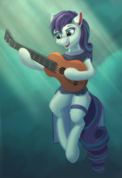 Size: 976x1417 | Tagged: safe, artist:foxpit, coloratura, earth pony, pony, g4, clothes, dress, female, guitar, happy, mare, musical instrument, open mouth, open smile, smiling, solo
