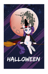 Size: 3300x5100 | Tagged: safe, artist:bronybran, rarity, pony, unicorn, g4, broom, flying, flying broomstick, halloween, hat, holiday, mare in the moon, moon, solo, witch, witch costume, witch hat