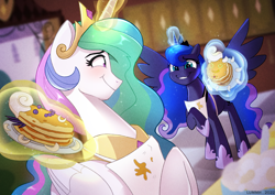 Size: 4093x2894 | Tagged: safe, artist:lummh, princess celestia, princess luna, alicorn, pony, a royal problem, g4, apron, blushing, clothes, crown, cute, cutelestia, ethereal mane, ethereal tail, female, food, glowing, glowing horn, high res, horn, jewelry, kitchen, lip bite, looking at each other, looking at someone, lunabetes, magic, magic aura, mare, pancakes, plate, raised hoof, regalia, royal sisters, siblings, sisters, smiling, smiling at each other, spread wings, starry mane, starry tail, tail, telekinesis, wings
