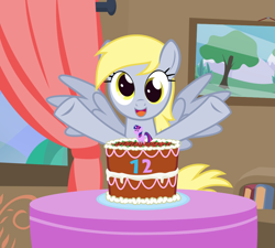 Size: 1000x900 | Tagged: safe, artist:the smiling pony, derpy hooves, pegasus, pony, mlp fim's twelfth anniversary, g4, .svg available, cake, food, happy, looking at you, open mouth, open smile, pointy ponies, smiling, solo, svg, vector