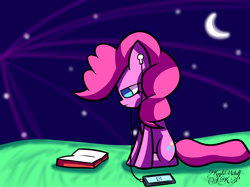 Size: 3201x2400 | Tagged: safe, artist:kajinarayt, pinkie pie, earth pony, pony, g4, cellphone, earbuds, female, high res, night, phone, reading, solo