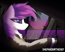 Size: 1443x1158 | Tagged: safe, artist:shepardinthesky, oc, oc:shepard, pony, car, clothes, driving, jacket, mouth hold, movie reference, retrowave, solo, synthwave, toothpick