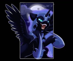 Size: 1440x1200 | Tagged: safe, artist:skyboundsiren, nightmare moon, alicorn, pony, g4, armor, cloud, ears back, fangs, female, mare, moon, night, open mouth, solo, spread wings, wings