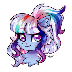 Size: 2500x2500 | Tagged: safe, artist:fluffywhirlpool, oc, oc only, earth pony, pony, bust, chest fluff, commission, earth pony oc, eyebrows, eyebrows visible through hair, female, gradient eyes, heart, heart eyes, high res, looking at you, mare, multicolored hair, multicolored mane, ponytail, portrait, rainbow hair, simple background, smiling, smiling at you, solo, transparent background, wingding eyes