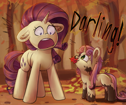 Size: 1438x1200 | Tagged: safe, artist:krista-21, rarity, sweetie belle, pony, unicorn, g4, autumn, belle sisters, blank flank, cute, darling, diasweetes, dirty, duo, duo female, emanata, female, filly, foal, horrified, leaf, mare, messy mane, mouth hold, mud, muddy, open mouth, siblings, sisters