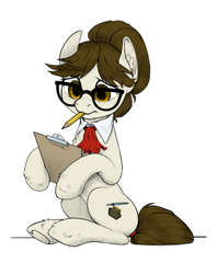 Size: 1752x2216 | Tagged: safe, artist:taytinabelle, color edit, edit, editor:maonyman, writing desk, earth pony, pony, g4, clipboard, colored, cute, ear fluff, female, glasses, hair bun, heart, hoof heart, mare, monochrome, mouth hold, necktie, not raven, pencil, simple background, sitting, sitting up, sketch, solo, underhoof, unshorn fetlocks, upside-down hoof heart, white background