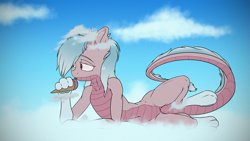 Size: 1300x731 | Tagged: safe, artist:coreboot, oc, oc:partly cloud, dragon, blue sky, cloud, dragon oc, dragon tail, food, gradient legs, gradient mane, horns, ice cream, ice cream cone, licking, long tail, looking away, lying down, male, male oc, non-pony oc, on a cloud, paw pads, paws, pink skin, relaxing, scales, sky, spread legs, spreading, tail, tongue out, two toned coat, underbelly, white fur