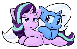 Size: 812x523 | Tagged: safe, artist:zutcha, starlight glimmer, trixie, pony, unicorn, g4, duo, female, lesbian, lying down, mare, prone, ship:startrix, shipping, simple background, smiling, white background