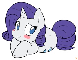 Size: 915x704 | Tagged: safe, artist:zutcha, rarity, pony, unicorn, g4, blush sticker, blushing, female, looking away, lying down, mare, no pupils, simple background, smiling, solo, white background