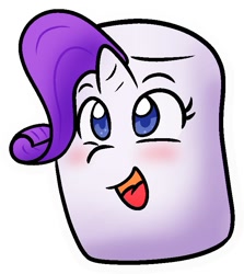 Size: 672x753 | Tagged: safe, artist:zutcha, rarity, g4, blushing, female, food, food transformation, inanimate tf, marshmallow, open mouth, open smile, rarity is a marshmallow, simple background, smiling, solo, transformation, white background