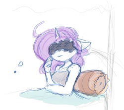 Size: 951x843 | Tagged: safe, artist:zutcha, rarity, unicorn, anthro, g4, bed, female, in bed, messy hair, messy mane, pillow, solo
