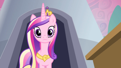 Size: 1920x1080 | Tagged: safe, screencap, princess cadance, queen chrysalis, alicorn, pony, a canterlot wedding, g4, season 2, fake cadance, female, frown, looking at you, mare, multicolored mane, multicolored tail, reaction image, solo, tail