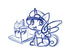 Size: 1105x763 | Tagged: safe, artist:zutcha, princess flurry heart, alicorn, pony, g4, clothes, female, food, french fries, hat, mcflurry, namesake, open mouth, open smile, princess mcflurry, pun, shirt, simple background, sketch, smiling, solo, spread wings, visual pun, white background, wings