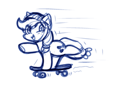 Size: 1251x866 | Tagged: safe, artist:zutcha, applejack, earth pony, pony, g4, eye clipping through hair, female, hat, mare, monochrome, open mouth, open smile, simple background, skateboard, sketch, smiling, solo, white background