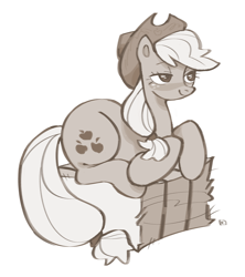 Size: 2658x3000 | Tagged: safe, artist:eunicidae, applejack, earth pony, pony, g4, bedroom eyes, cute, hat, hay bale, high res, lying down, monochrome, plump, simple background, solo, white background